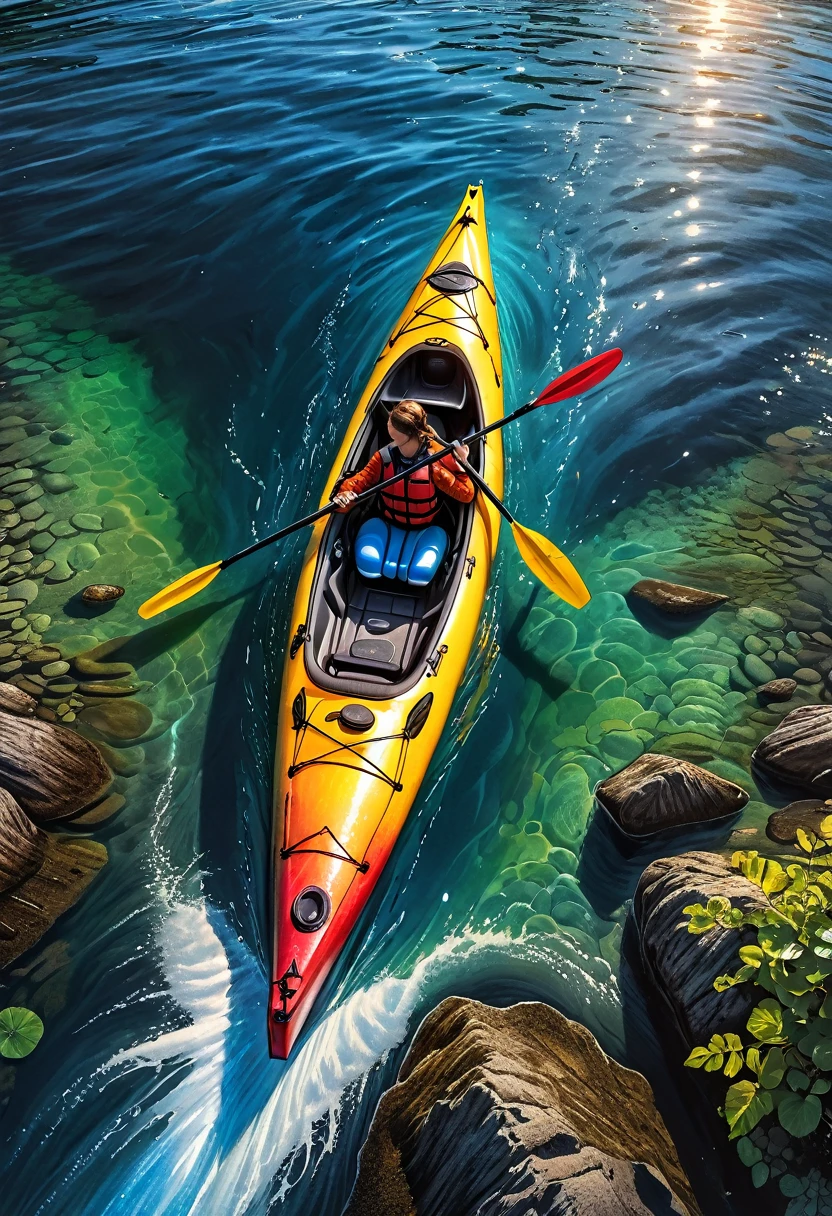 a kayak in the water, aerial view, national geographic style, rainbowcore, crayon art, interactive artwork, 8k resolution, best quality, 4k, highres, masterpiece:1.2, ultra-detailed, realistic, photorealistic:1.37, vivid colors, hdr, studio lighting, physically-based rendering, extreme detail description, professional