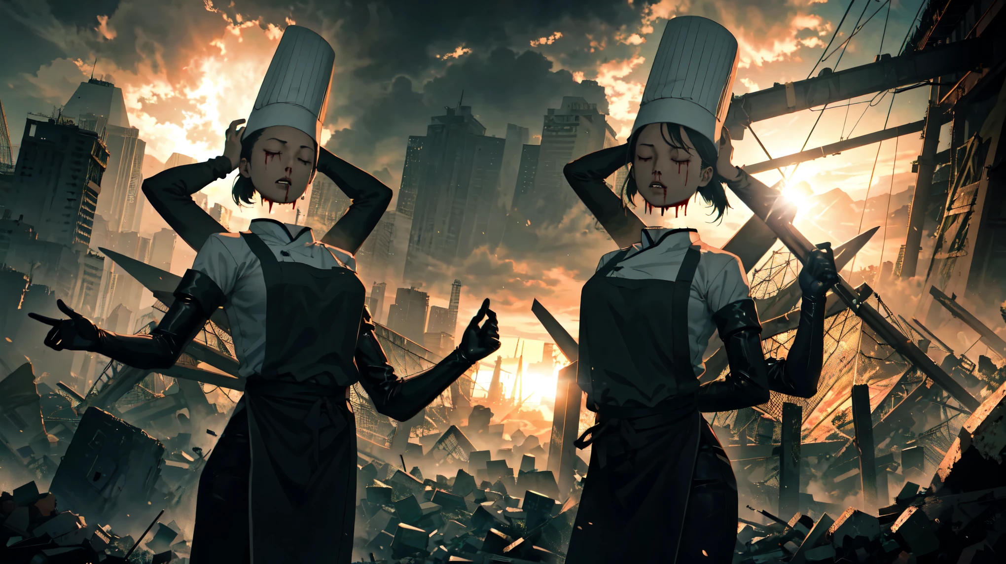 (masterpiece, best quality), olo, 1girl, fallingdevil, disembodied head, blood on face, extra arms, chef hat, closed eyes, black apron, elbow gloves BREAK
outdoors, pyramids, sun, raytracing BREAK
by vergvoktre, dramatic, gritty, nightmare, intricate details, hyperdetailed, cinematic, dark shot, film grainy, soothing tones, muted colors, technicolor