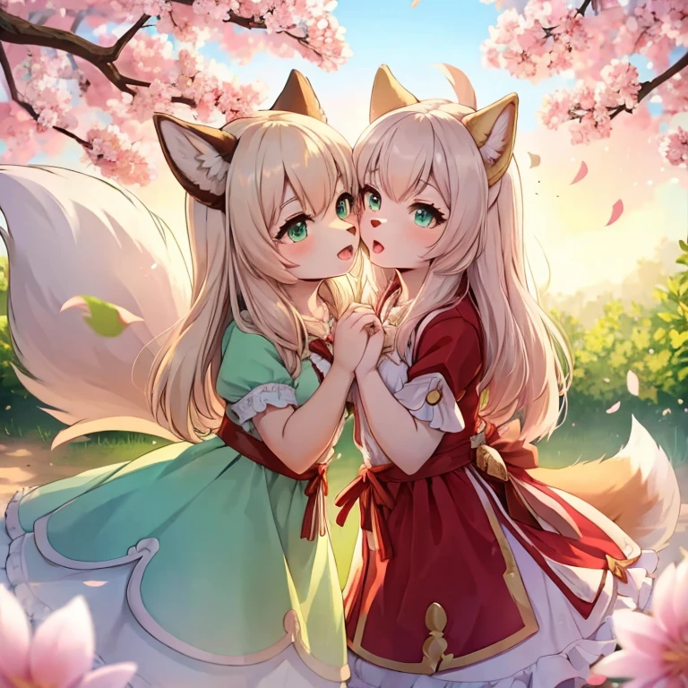 best quality,best resolution,(fluffy anthro furry :1.3),gold cat girl,mint cat girl,long hair,wavy hair,lesbians,huge sakura garden,plenty sakura petals in the air,romantic light,lesbians pose,beautiful dress with ribbon,ruffles,french kissing,