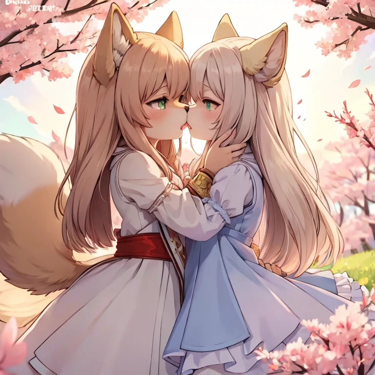 best quality,best resolution,(fluffy anthro furry :1.3),gold cat girl,mint cat girl,long hair,wavy hair,lesbians,huge sakura garden,plenty sakura petals in the air,romantic light,lesbians pose,beautiful dress with ribbon,ruffles,french kissing,