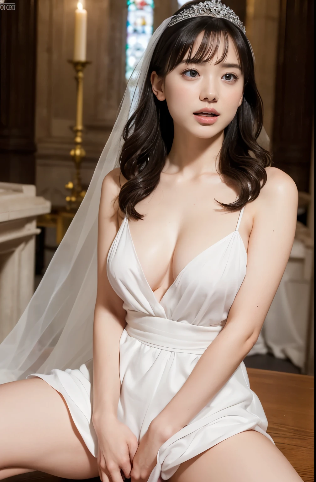 (hight resolution、hightquality、hightquality、High-resolution face drawing、Single Female、独奏))、((very Bigger breasts:1.3))、cleavage of the breast,Perfect Angle、Professional quality、perfect contrast、Perfect litthing、perfect-composition、perfect Waifu、flawless skin、perfect hand、Perfect fingers、perfect chest、perfect hair、face perfect、A masterpiece with realistic facial features、long neck、Protruding ears、Princess Cut、a short bob、Clean teeth、(legs are long,、二重まぶた,The eye、It's a bit wide、Quite an adult supermodel)、Bangs are a beautiful short bob cut、short beautiful hair with bangs,,,,,,、long neck、a small face、Beautiful collarbone、Light reflected in the eyes、face perfect、Perfect body、Perfect fingers、perfect arms、perfect hand、Symmetrical and very beautiful face、Golden Ratio Beauty Face、looking straight at camera:1.4、perfect anatomia、27yo、adult appeal、cute little、spotless、A smile、Perfect Lovely Wife、A masterpiece of realistic facial features、lipgloss、long neck、Nice collarbone、Nice cleavage、Nice teeth、Fingers on cheeks、10 head body、Beautiful poses、Super Real 8K、thick thight、thin ankles、dense background、depth of fields、realisitic:1.3、longshot、((Pure white prom dresses with short skirts、wedding veil、Back Ribbon、Pagoda Sleep、train、Long Globe:1.7))、((Very thin white pantyhose: 1.7))、beauty legs、((Panties under pantyhose 1.7))、Foot size 22.5cm、thin and beautiful toes、((You are in front of the chapel:1.4)),Facing the viewer,White high heels、Holding the bouquet with both hands、Sexy Bride、((Squat: 1.5)), ((Spread legs:1.5))