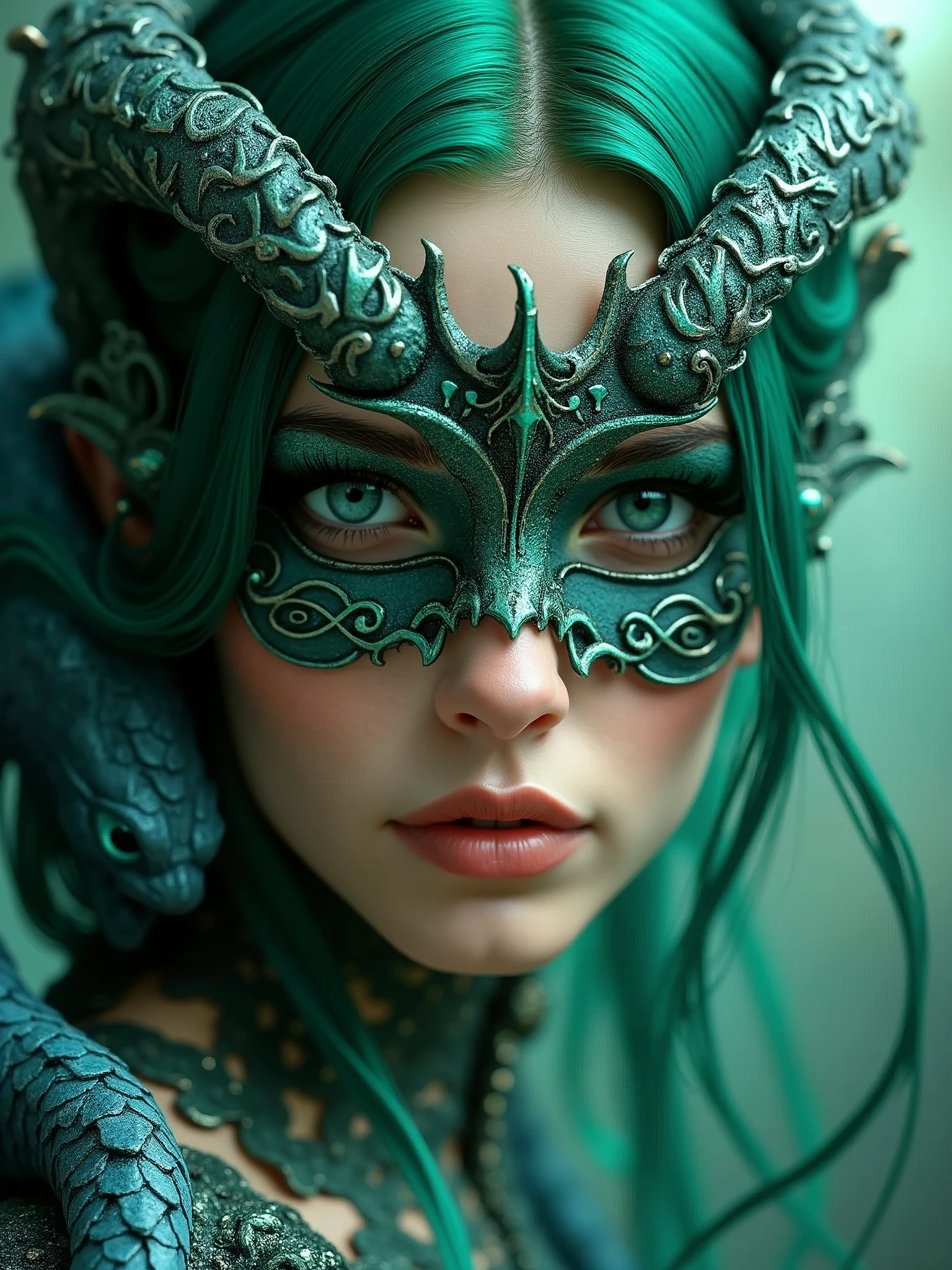 a close up of a woman with green hair, fantasy creatures, blue dragon, masked, photoreal elegant, green and blue colour palette, the element woman, intricate devilish designs, lady of the entropy, wicked