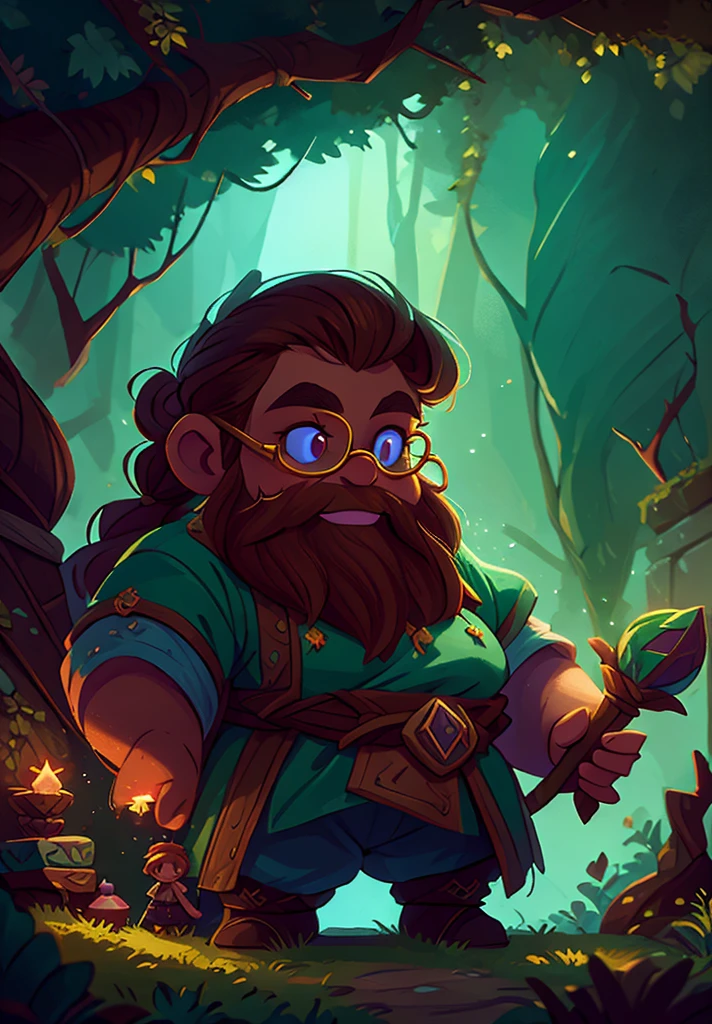 full color, nude, fantasy game world, a young dwarf researcher woman in thick dark forest, checking a flower, eyes glasses, full body, closed mouth smile, a dwarf guard man behind her,