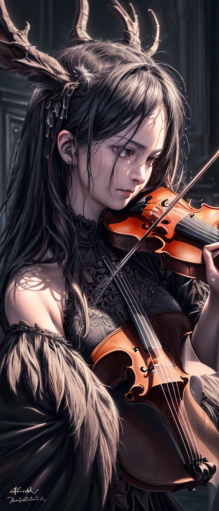 (Best Quality,4k,8k,A high resolution,masterpiece:1.2),ultra detailed,(realist,photorealistic,photorealistic:1.37),dark room,Alavian character playing the violin.,fantastic violin,Calafra Pairing,Black metal music art.,Dark but intricate digital art,80's Thomas Allen style curling,(ghost violin),tomasz alen kopera y cgsociety,dramatic work of art,Stroven gel,Created by Slawomir Maniak,Exhibits a strange and disturbing atmosphere.,dark style,Dark souls,expressive music,bright sun, sexy beautiful woman,Charming and gloomy atmosphere.,dark and mysterious,nightmare,violent beauty,Haunting melody,Symphony of darkness,Shadow corners and bright light.,hypnotic performance,Tears of pain,ominous atmosphere,Elegant and memorable,Blacken notes,A bright light in the darkness,bright room,It has an insidious charm,Focus on Arauen's incredible eyes., Evokes emotions through its delicate bow movements.,female portrait