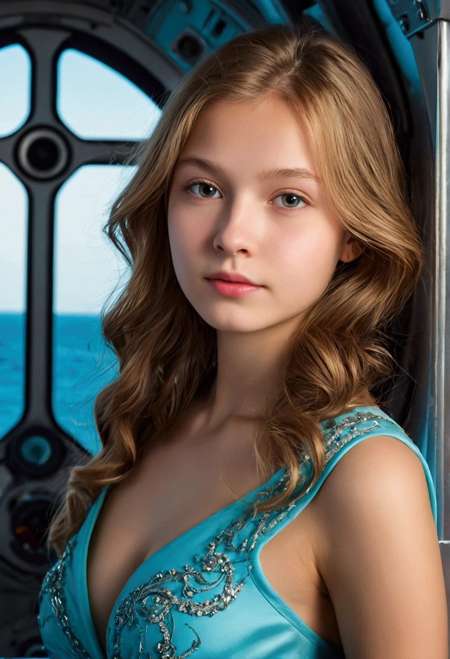 Seeking a skilled photographer to capture a stunning high-resolution portrait of a young Russian  woman on in a space ship, capturing her natural beauty and innocence. The subject should exude charm and grace, with emphasis on her youthful features and the serene backdrop of the ocean. The girl's height should be conveyed through the composition, highlighting her stature relative to her surroundings. Preference given to photographers with experience in portrait photography and capturing the essence of youth and natural beauty." Cleavage