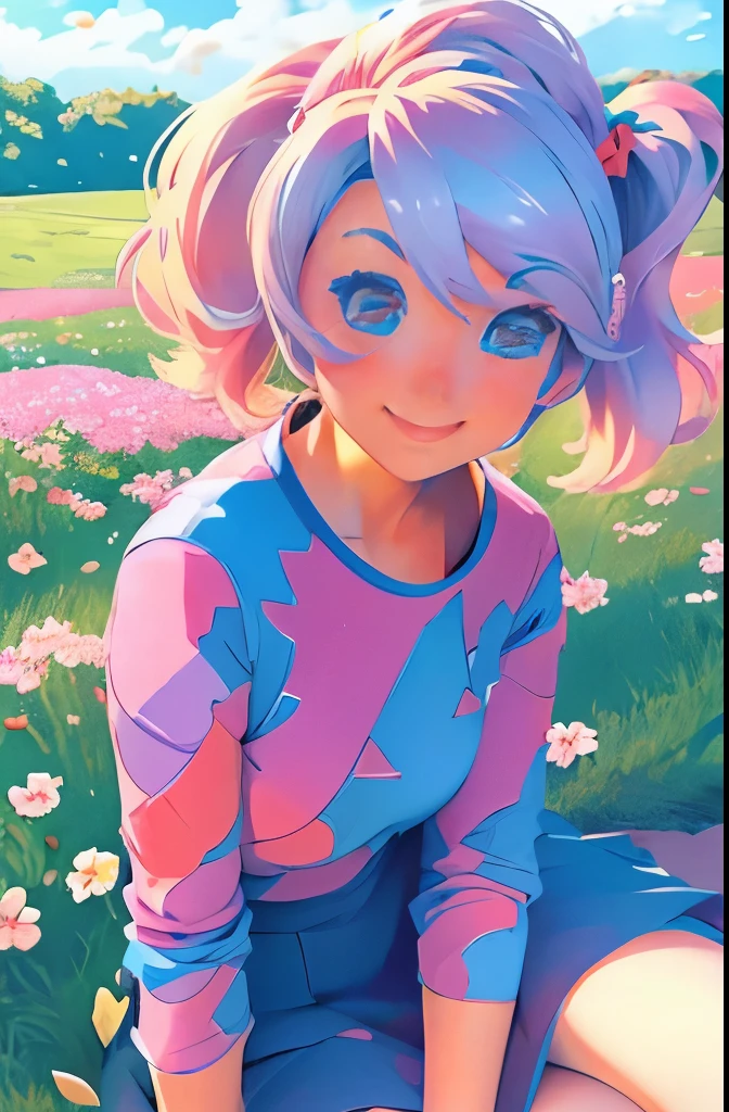 Anime girl in the anime style of the 80s sitting in a field of flowers and looking at the camera, smiling. pastel-colored