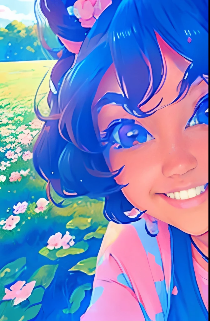 Anime girl in the anime style of the 80s sitting in a field of flowers and looking at the camera, smiling. pastel-colored