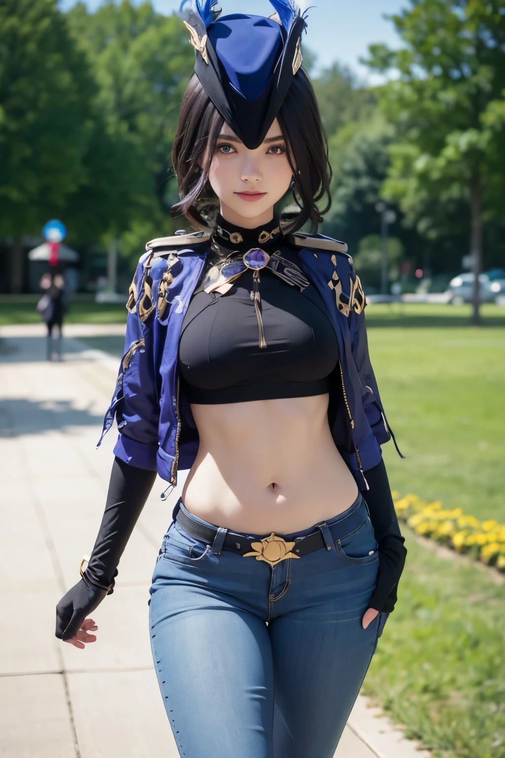 (jacket, sport bra, long jeans, iron belt), ((midriff, navel)), looking at viewer, old town, smile, sit on bench, (cinematic lighting, best quality, masterpiece, high details, best quality, highres, HD, 4K, 8k, super detail), clorinde, blue hair, (purple eyes:1.1), short hair, streaked hair, hat