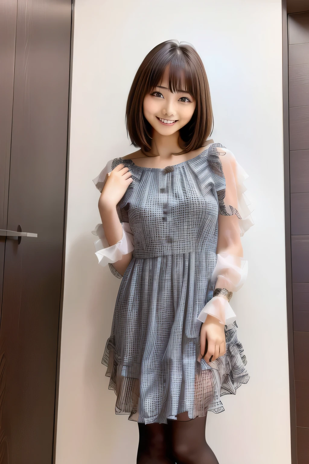 there is a woman standing in a room with a dress on, Face that faithfully reproduces the face of LoRA, High resolution, Very detailed, Natural Bangs, highest quality