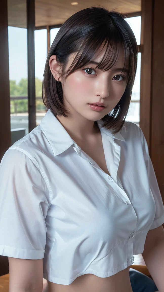 (Highest quality:1.4),(masterpiece:1.4),(Realistic:1.4),(Realistic:1.2),(超High resolution, RAW Photos:1.4),(High resolution, Very detailed:1.2),(8k:1.2),photograph,Brown Hair,length、One Girl,alone,(White shirt),Big Breasts,((Upper Body:1.3))、Protruding nipples
