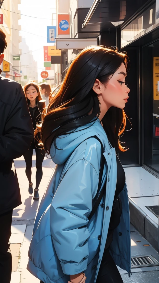 Walking around the city,Sleep while walking,beautiful girl,side view, UHD Portrait, (high quality) (Super detailed) ,Secondary students, naked, showy, long hair in color 🌈