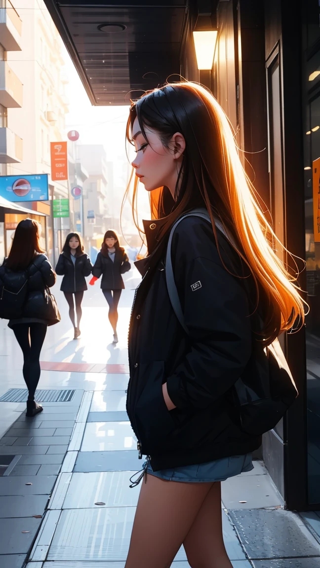 Walking around the city,Sleep while walking,beautiful girl,side view, UHD Portrait, (high quality) (Super detailed) ,Secondary students, naked, showy, long hair in color 🌈