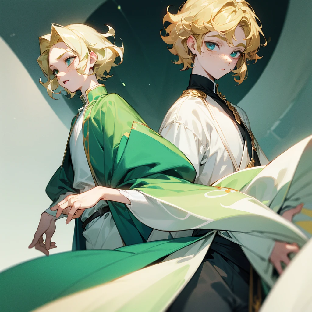 Young prince with blonde curly hair and jade green eyes. Pale skin with freckles. Pale blue clothes