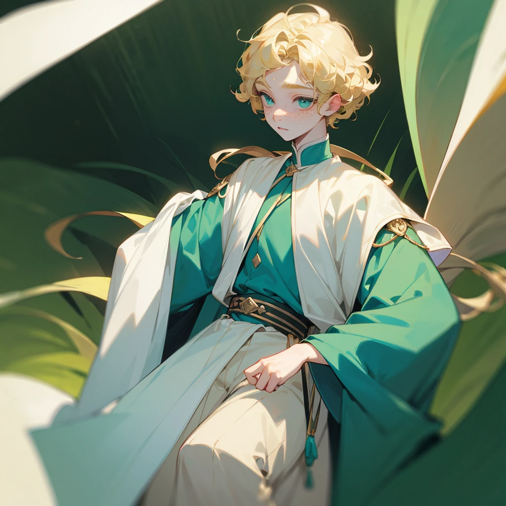 Young prince with blonde curly hair and jade green eyes. Pale skin with freckles. Pale blue clothes