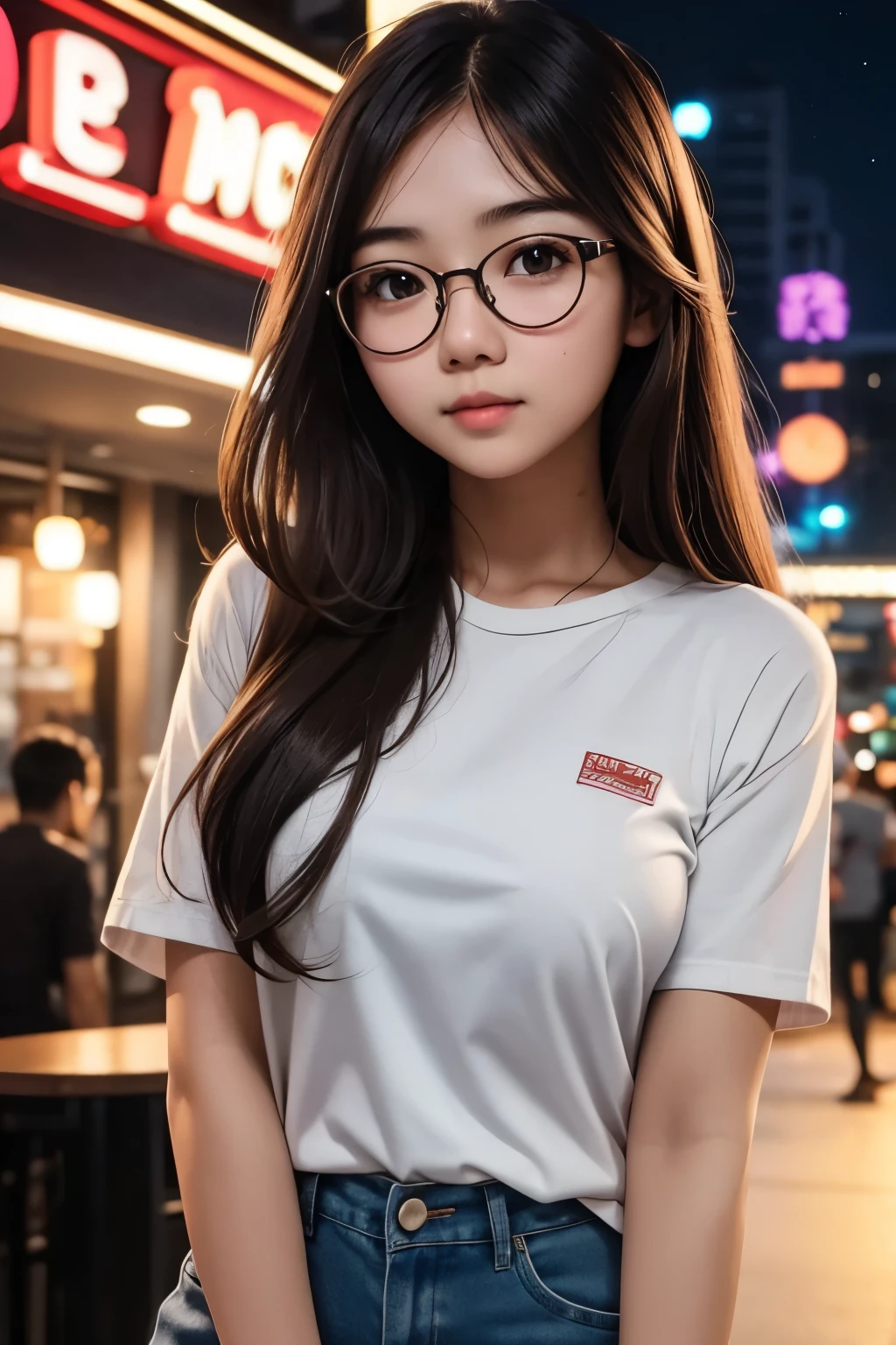 detailed face of photo. 20 year old white skin slim body Indonesian girl with a sweet face, round face chubby face and long brown wavy hair, round glasses Wear casual outfit in night clubs