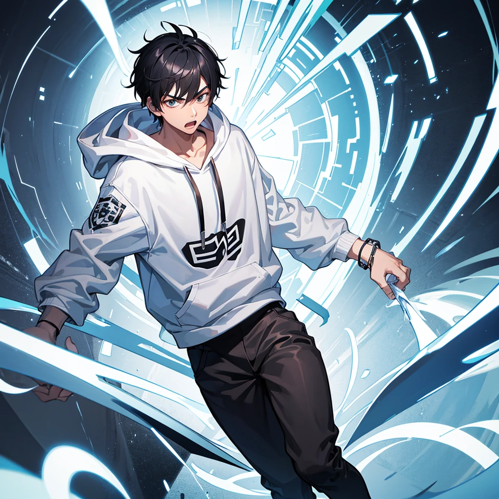 male ager his name is killcui, he has black hair and black eyes, he wears an all-white hoodie, he has his hands closed and angry