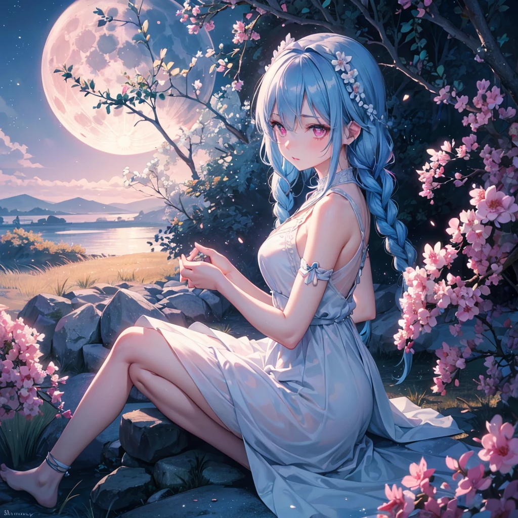 Sky blue hair, (1 braided hair), (Pink eyes),Fair skin) ,(whole body),(One Girl),(White sweet dumplings ),Miscanthus sinensis,(beautiful, Full moon shining in the night sky),(masterpiece, Highest quality, Very detailed, Best Shadow), (Detailed Background), (Beautifully detailed face), High Contrast, (Best lighting, Very delicate and beautiful), ((Cinematic Light)), Hyper Detail,8k, Dramatic Light, Intricate details,Sit down and eat dumplings,