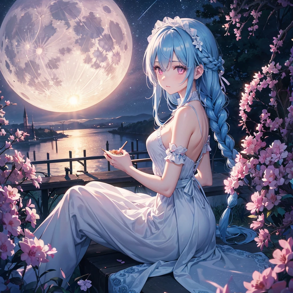 Sky blue hair, (1 braided hair), (Pink eyes),Fair skin) ,(whole body),(One Girl),(White sweet dumplings ),Miscanthus sinensis,(beautiful, Full moon shining in the night sky),(masterpiece, Highest quality, Very detailed, Best Shadow), (Detailed Background), (Beautifully detailed face), High Contrast, (Best lighting, Very delicate and beautiful), ((Cinematic Light)), Hyper Detail,8k, Dramatic Light, Intricate details,Sit down and eat dumplings,
