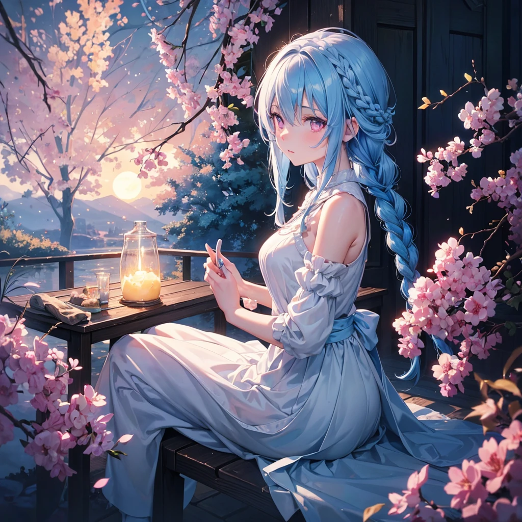 Sky blue hair, (1 braided hair), (Pink eyes),Fair skin) ,(whole body),(One Girl),(White sweet dumplings ),Miscanthus sinensis,(beautiful, Full moon shining in the night sky),(masterpiece, Highest quality, Very detailed, Best Shadow), (Detailed Background), (Beautifully detailed face), High Contrast, (Best lighting, Very delicate and beautiful), ((Cinematic Light)), Hyper Detail,8k, Dramatic Light, Intricate details,Sit down and eat dumplings,