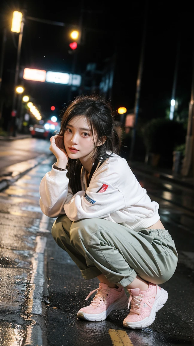 21yo girl a beautiful Korean-looking, with short neat tomboyish hair, wearing a black t-shirt, white striped bomber jacket, yellow and pink cargo pants, blue shoes, squat pose on a street, fingers cursing, background in the middle of the road, lights city from a distance, wet roads, blurry