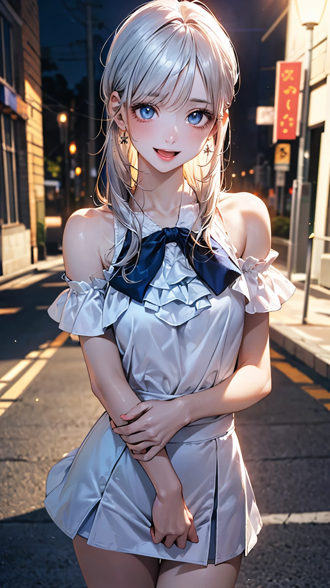 (masterpiece:1.2, top-quality), (realistic, photorealistic:1.4), beautiful illustration, (natural side lighting, movie lighting), depth of fields, nsfw, 
beautiful detailed hair, beautiful detailed face, beautiful detailed eyes, beautiful clavicle, beautiful body, beautiful chest, beautiful thigh, beautiful legs, 
looking at viewer, 1 girl, 12 years old, (perfect anatomy, anatomically correct, super detailed skin), cute and symmetrical face, perfect face, perfect eyes, 
(long hair:1.5, straight hair:1.4, silver hair), swept bangs, blue eyes, big eyes, long eye lasher, (medium breasts, seductive thighs), perfect body, shiny skin, pink skin, 
(short sleeve), break (open shoulder light blue neck frills blouse), break (middle length white skirt), break 
(beautiful scenery), evening, (street), standing, (lovely smile, open mouth slightly), 