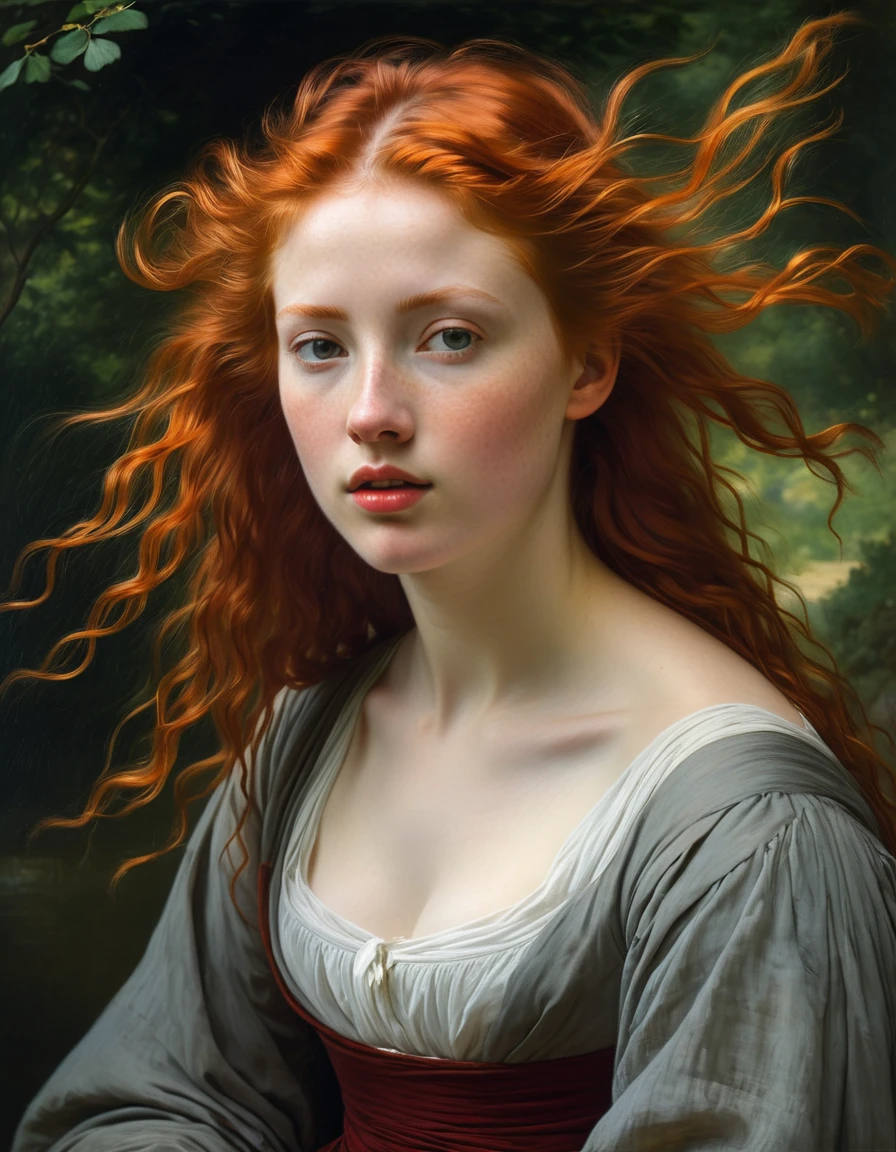 a beautiful young woman, her delicate features framed by a cascade of messy red hair that flows freely in the wind. Her expression is serene, almost ethereal, capturing a fleeting moment of calm in a world of movement,style of Rembrandt van Rijn,Jacob van Ruisdael,Meindert Hobbema,Jan van Goyen,Aelbert Cuyp,Jan Both