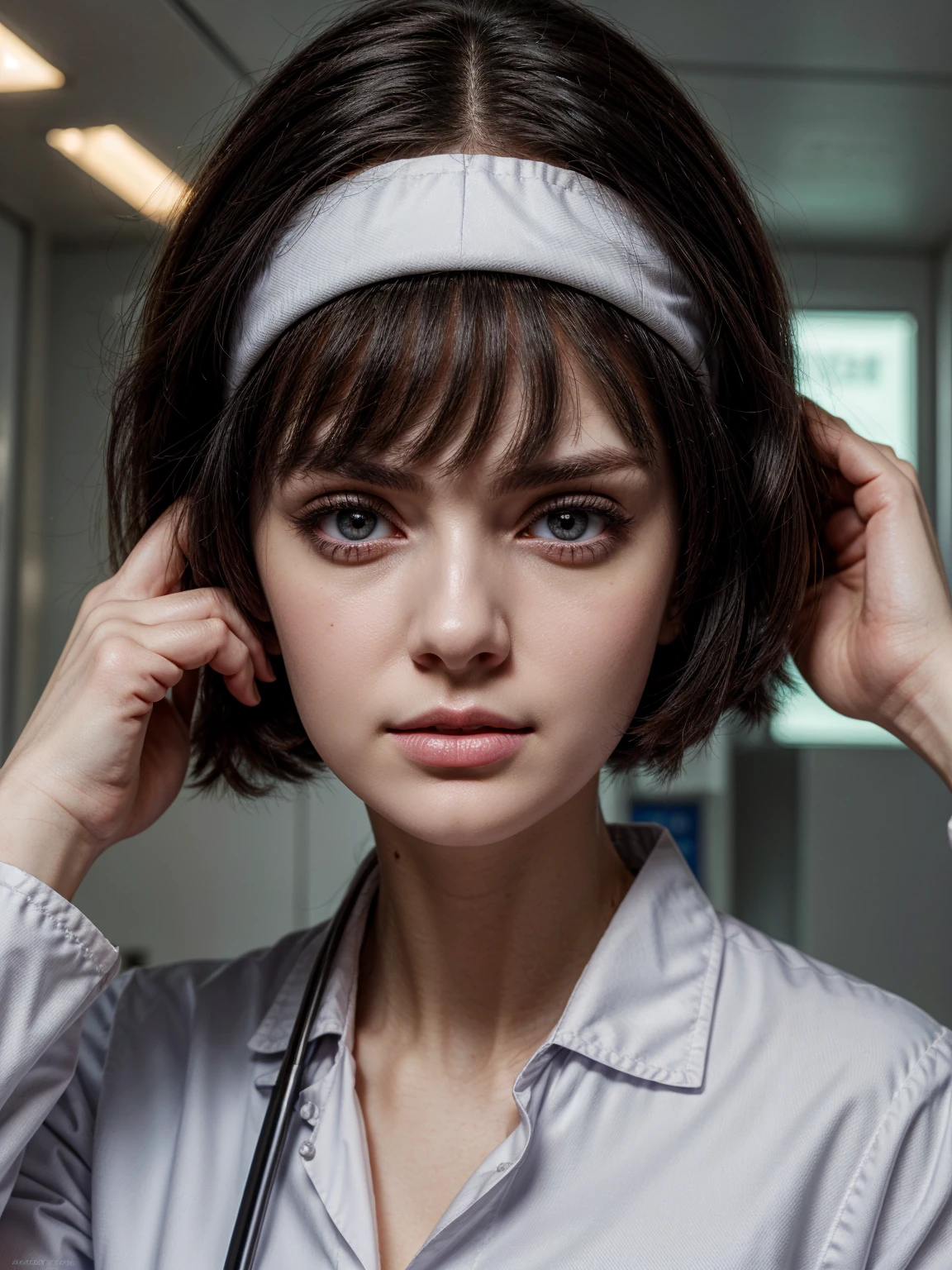 (Name: Natalia Petrova), Pretty, Black Haired, Perfect Eyes, Scientist,Laboratory suit Outfit, Secret Lab Background, Red Eyed Color, Pale Skin, Beautiful Perfect Eyes And Lips