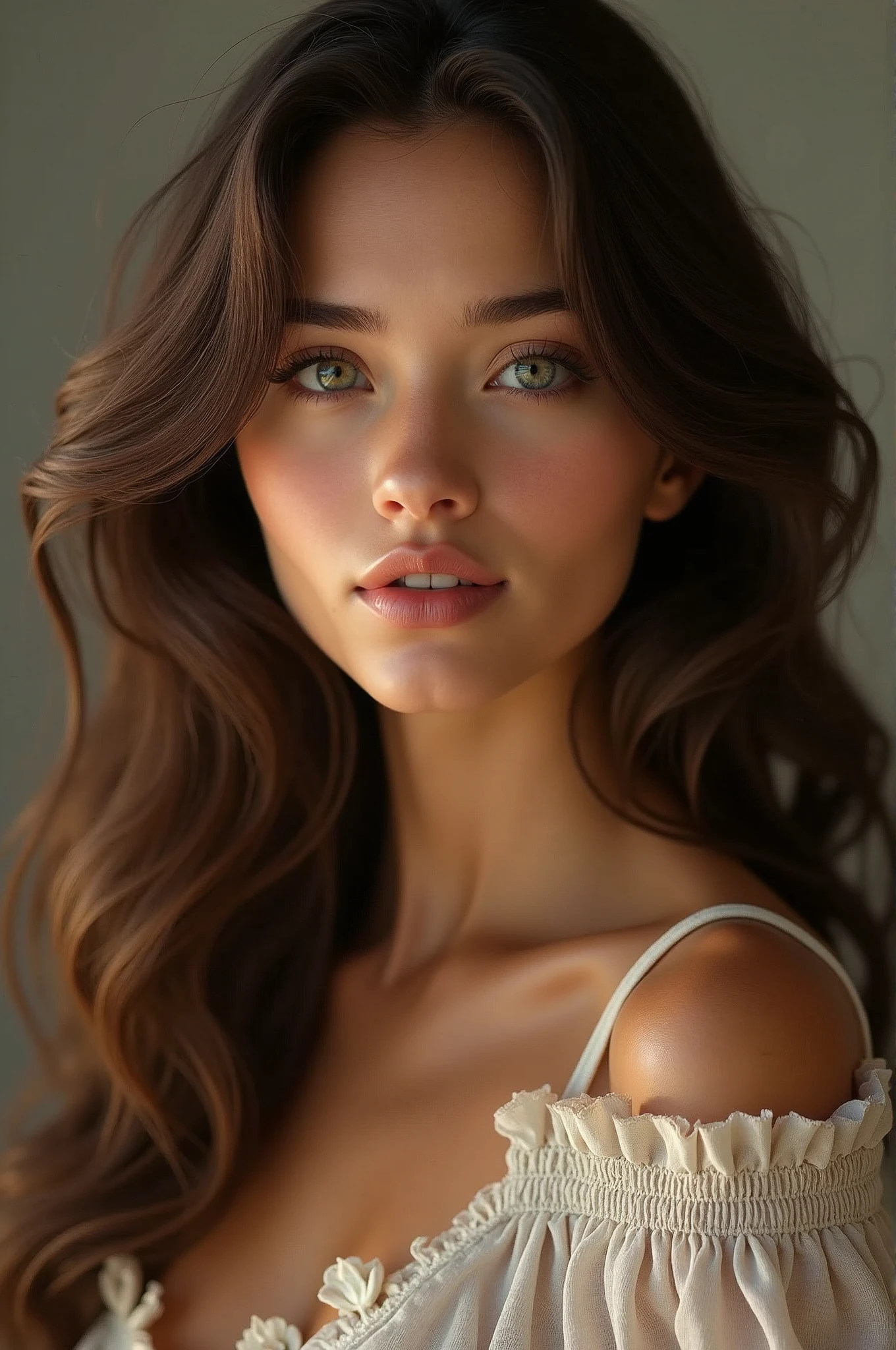 a beautiful young woman, 26 years old, with long wavy brown hair, detailed perfect skin, beautiful almond eyes, delicate nose and lips, height 170 cm, weight 75kg, realist, (Best Quality,4k,8k,High resolution,masterpiece:1.2),ultra detailed,(realist,photorealist,photo-realist:1.37),HdR,HD,studio lighting,Ultrafine paint,sharp focus,physically based rendering,extreme detailed description,professional,vivid colors,bokeh,portrait