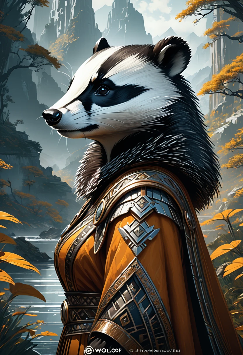 Anthropomorphic female badger queen. Official Art – Charecter profile. An Award-Winning Digital Masterpiece In 4K Ultra HD, Extreme Detail And Intricate Realism. Symmetrical Face. This Concept Art Brought To Life By The Hands Of Artists Like Wlop & Artgerm In A Stunning 2D Vector Illustration.Background Is A Panoramic Vista.
