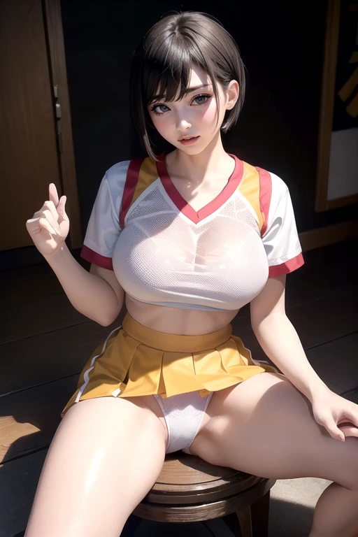 20 year old Japanese woman,((Wearing a cheerleader uniform))(非常にdetailedな肌),Curvy Hips,Beautiful big ,(Very large breasts),Pale skin,Pointed Chest,Erect nipples,(Fantasy art,Best image quality,Surreal Portraits,(8k),Ultra-realistic,最high quality, high quality, High resolution, high quality texture,Attention to detail,Beautiful details,detailed,Extremely detailed CG,detailed Texture,Realistic facial expressions,masterpiece,in front,dynamic,bold),(((short pixie cut))),(Very thin hair),(Very soft hair),(Super Straight Hair:1.5),length, sleek bangs,Very light coppery amber hair,Hair in one eye、(((Wear a cheerleader uniform))) (((sit astride a high-backed chair))) (((Sit with your chest against the backrest)))(((Excited)))(((Put your hand inside your panties and masturbate:1.5))) (((The lines of the body are clearly visible)))、(((Depiction of beautiful fingers))) (((Beautiful body depiction))) (((Sit with your legs apart)))、(((Full body photo)))、(((Low angle photo)))、(((Correct ankle orientation)))(((Correct number of legs)))