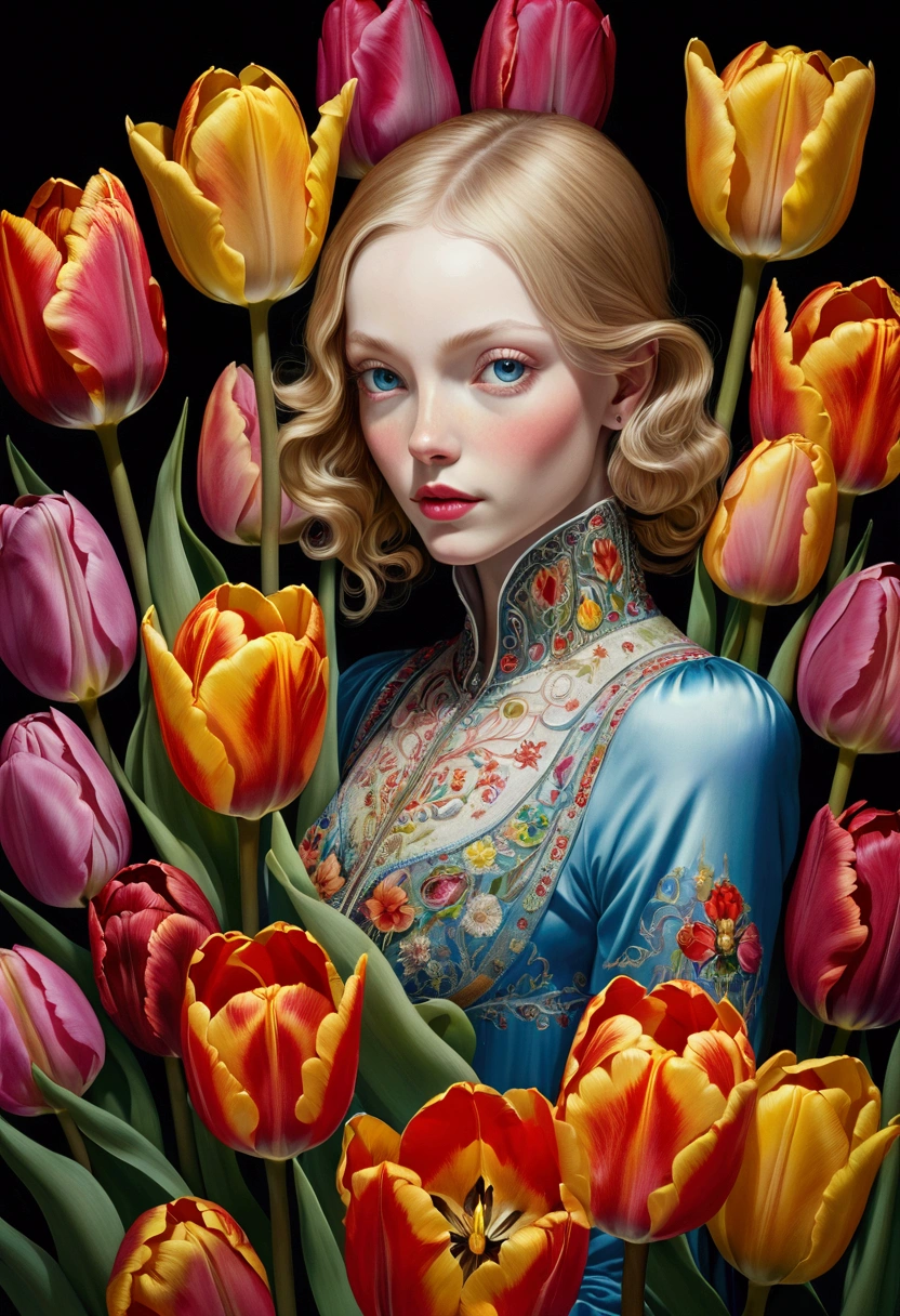 Tulip, by Del Kathryn Barton, cinematic still, chiaroscuro, dynamic, surreal, (best quality, masterpiece, photorealistic), very aesthetic, perfect composition, intricate details, ultra-detailed, vivid colors