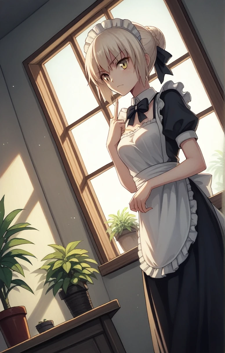 score_9, score_8_superior, score_7_superior, score_6_superior, score_5_superior, score_4_superior, Break Source_anime, One girl, Dressed, Saber Alter, indoor, Potted plants, window, sunlight, Kasumi \(Šczykko\), View your viewers, Severe, Dutch Angle, Maid clothes, Braiding, Two middle fingers,