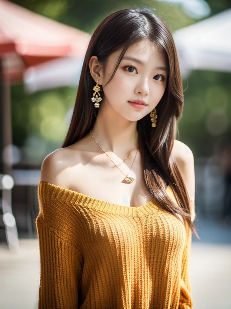 1Girl 20 years old, alone, Long hair, boobplate, looking down at viewer, blond hair, bare shoulders, brown eyes, jewellery, full entire body, necklace, off shoulders, pullover, lips, realisti, nose, flirting with the camera