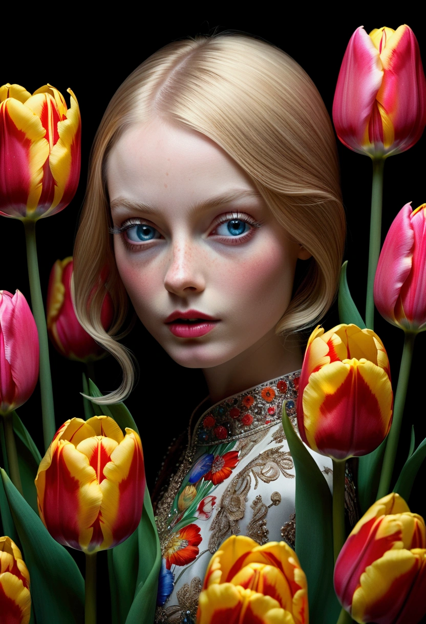 Tulip, by Del Kathryn Barton, cinematic still, chiaroscuro, dynamic, surreal, (best quality, masterpiece, photorealistic), very aesthetic, perfect composition, intricate details, ultra-detailed, vivid colors