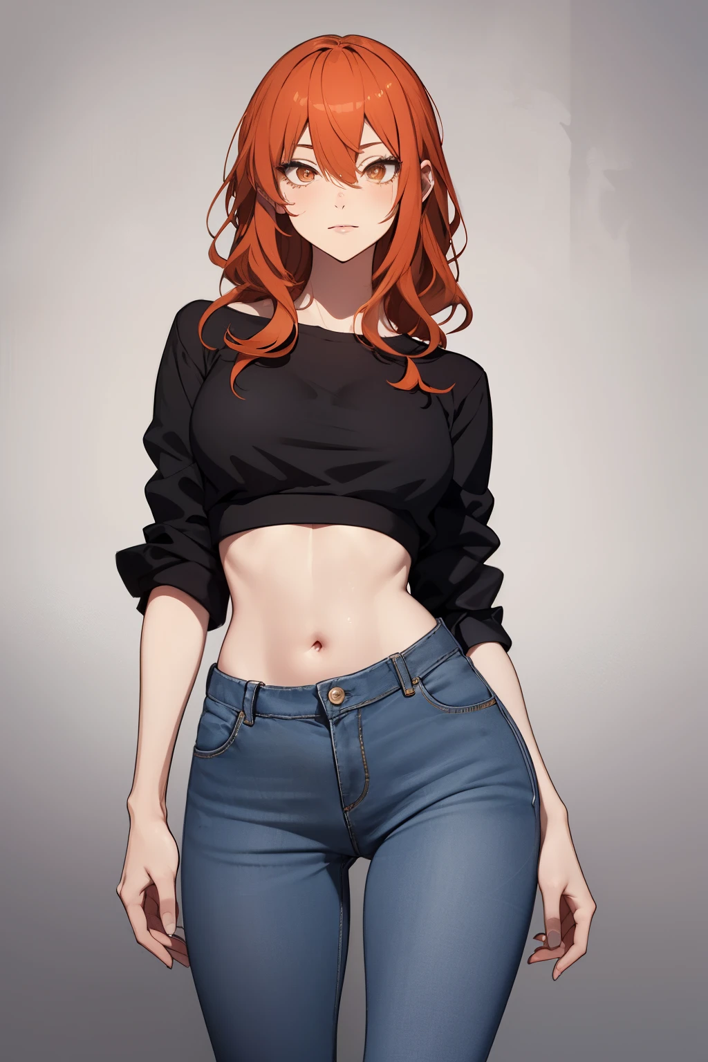 Anime style girl with orange and wavy hair, hair down to the abdomen. His carmine eyes. His features and skin are delicate but give an air of being someone strong., his white and clean skin, loose hair hairstyle. Your clothing should be a basic blouse and jeans that fit your body..