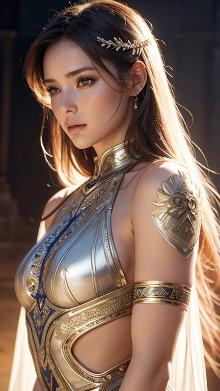 photorealistic of woman warrior in gladiator ancient patterns clear transparent amor suit, The setting should be grand and richly decorated ,medium long shot , cinematic light , blur effect ,fantastic ,dim light atmosphere ,elegance pose, battlefield background ,photorealistic, ultra sharp,8k,HDR