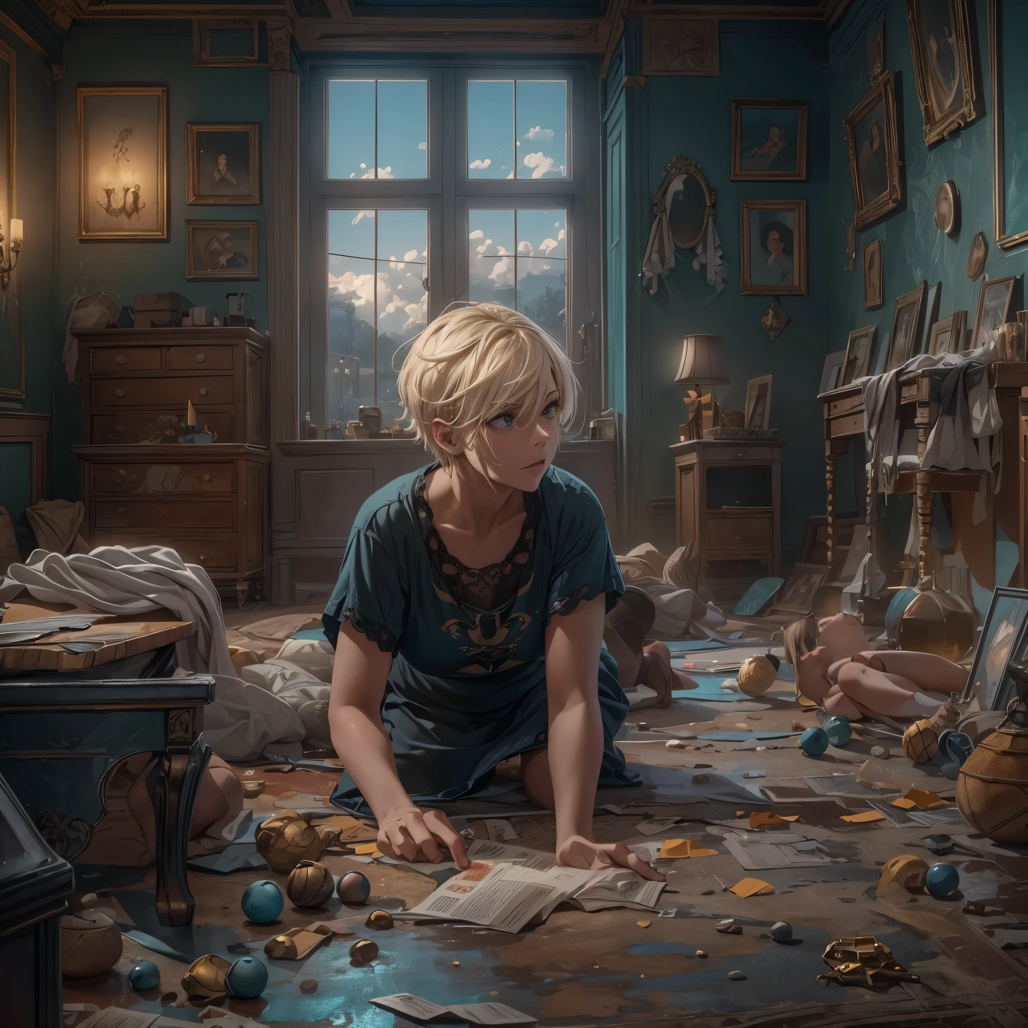 (best quality,4k,8k,highres,masterpiece:1.2),ultra-detailed,realistic,photorealistic:1.37, HDR,UHD,studio lighting,ultra-fine painting,physically-based rendering,extreme detail description,professional,vivid colors,bokeh,a 20 years old woman,((dark sky, children playing room,ruined, vast playing rooms)),no one, blond short hair.