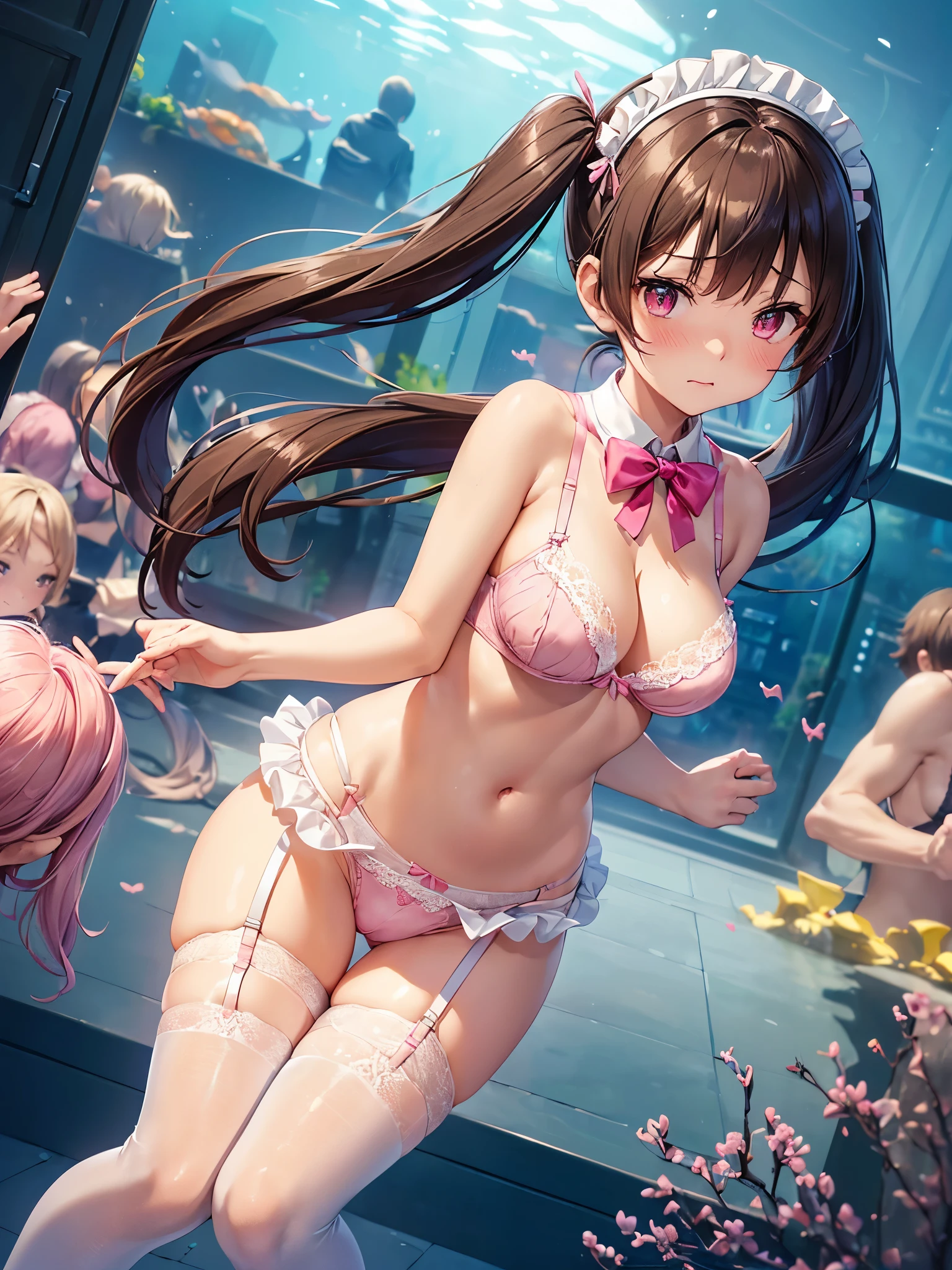 (((masterpiece, Highest quality, High resolution, 超High resolution, Perfect Pixel, Depth of written boundary, 4K, RTTX 10.0))), Beautiful Anime Woman, Beautiful art style, Anime characters, ((Smooth texture, Realistic texture, Anime CG Style)), Perfect and accurate finger count、Exact number of legs、(Exact number of arms:1.0, Exact number of hands:1.0), (Perfect hands, Perfect Anatomy), Cinematic, Realistic, Extremely detailed CG, Daytime lighting, Perfect lighting, Best Shadow, The best natural light, whole body, Perfect body, バランのとれたPerfect body, Perfectly balanced style, Soft body, ((bangs, Dark brown hair, Twin tails, High Up)), ((A cute adult woman is walking towards me:1.8)), ((Bow tie around neck:1.3), (Sexy and cute pink underwear:1.3), (Stylish shiny pink satin panties, Side-tie pink panties, Panties with plain pink center and lace decoration on the sides, Thin pink panties:1.4), (Pink micro lace satin bra, Pink bra with large lace trim around the edges, Open cup pink bra, Gorgeous pink bra with lace, Thin bra:1.4), (lace garter belt, Garter Strings, Knee socks:1.3):1.3), (Beautiful big boobs:1.1), (Embarrassed expression:1.7), blush, (aquarium, Many visitors in the background, The building is crowded with people, Male customers pay attention to females:1.7), naked, belly button, In underwear, ブラとパンティとガーターベルトとKnee socksのみ, (Frilly maid headband:1.1), Angle from the front