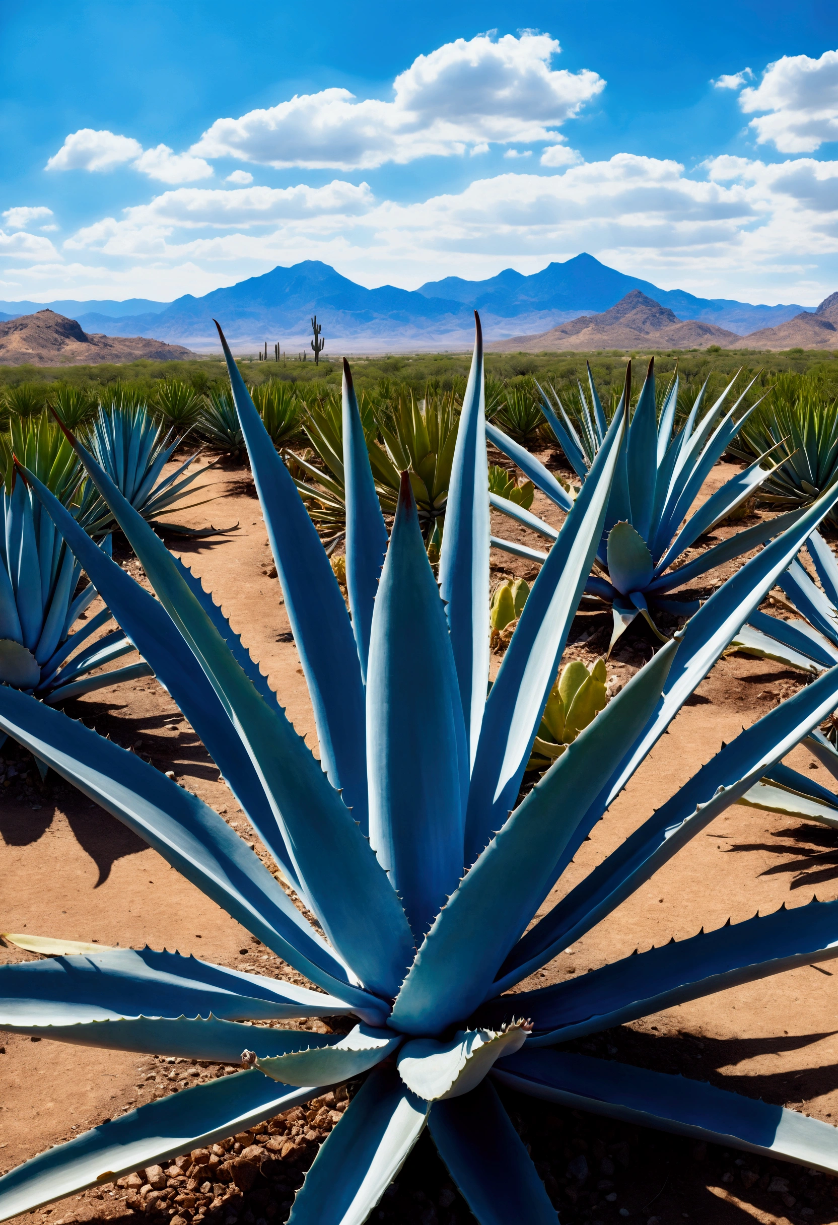 Art of a blue agave plant in a sunlit Mexican landscape, with vibrant green and blue leaves, surrounded by a rustic desert scene and distant mountains (on a white background: 1.2), oil painting style, photo-realistic, highly detailed, 4k, masterpiece, comic should be round shape.