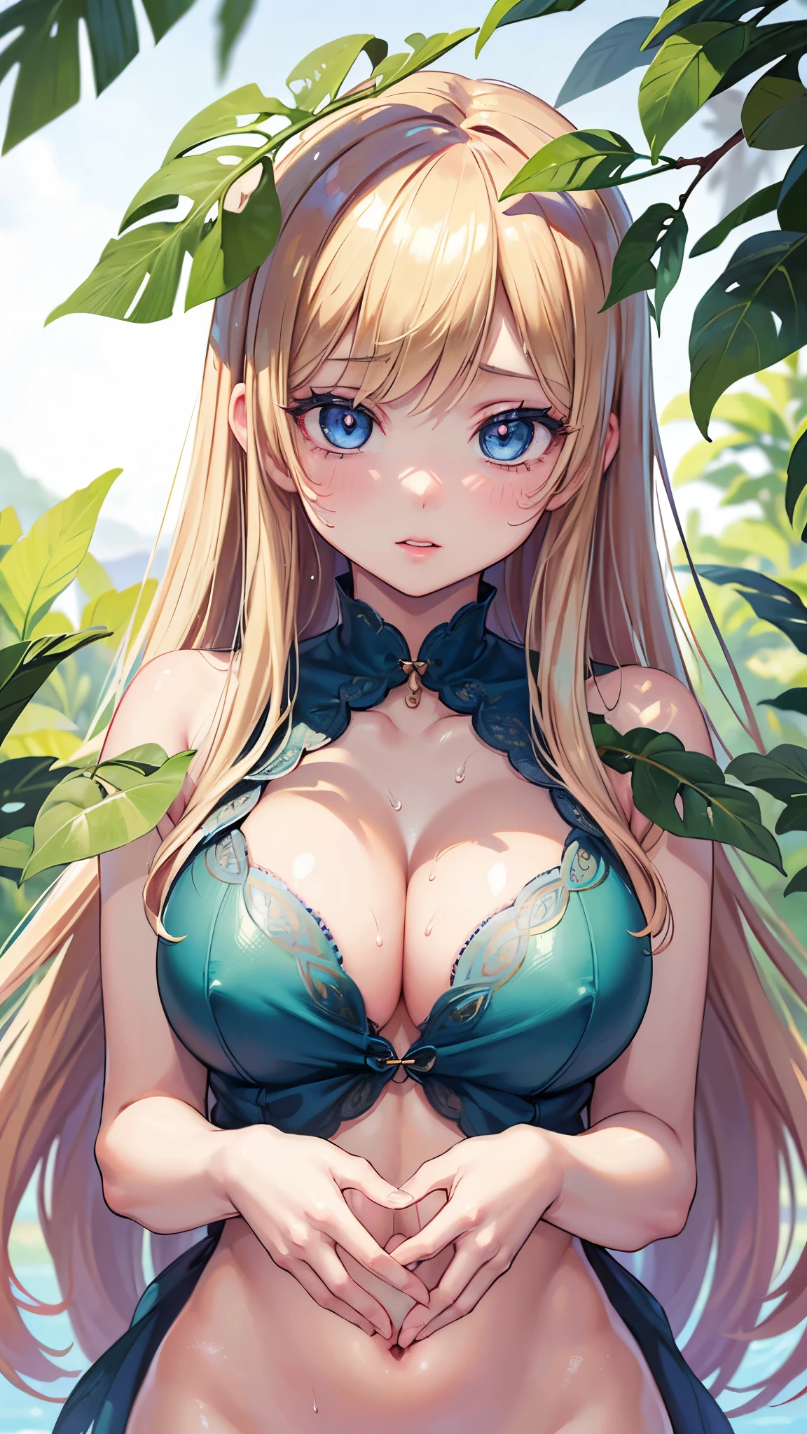 (absurderes、Absolute resolution、incredibly absurdness、hight resolution、ultra-detailliert:1.0、Official art)、​master piece, Sharp Focus ,Delicate Beautiful Hair and Eyes and Face, Lifelike, Hyper-detailing, a matural female, Dynamic Hair, slender,Nudists, natural(Colossal tits:1.2), cleavage of the breast,((The areol)),(teats),((exposed breast)), Beautiful cute woman,,(Delicate pale blonde hair),(length hair),delicate dark green eyes, , Sexual temptation, A look of frustration,(breast rest)、a plant