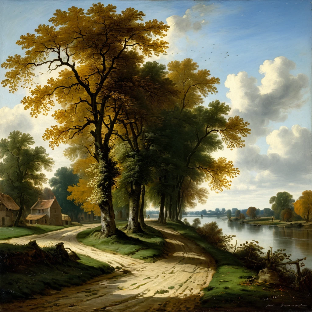 romanticism oil painting, landscape, autumn, tree, path, river, romanticism oil painting, vibrant colors, outdoor, nature, sky, foliage, scenic, peaceful, classic art, 19th century, natural beauty, brushstrokes, serene, countrysiden,style of Rembrandt van Rijn,Jacob van Ruisdael,Meindert Hobbema,Jan van Goyen,Aelbert Cuyp,Jan Both