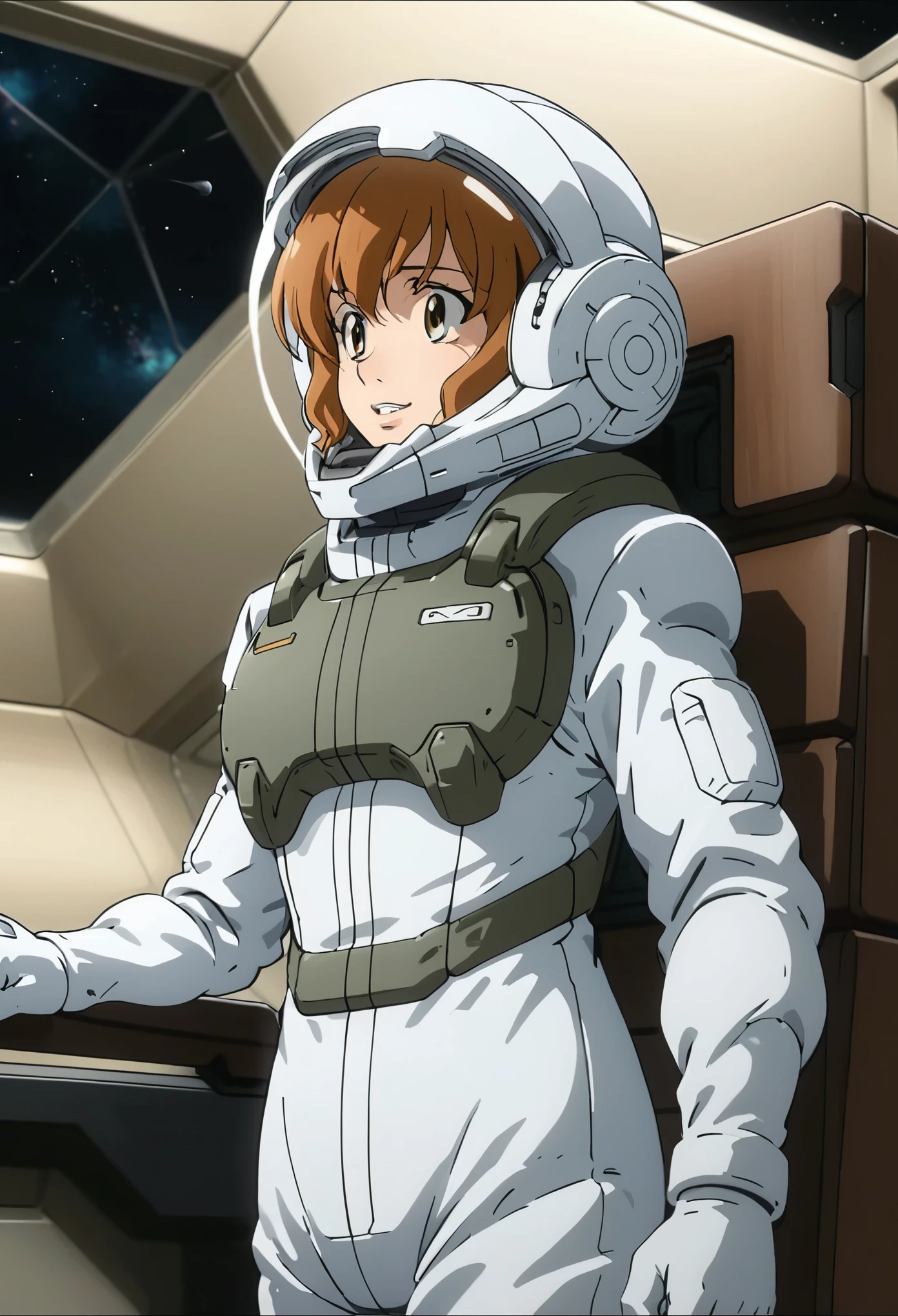 eva helm, spacesuit , astronaut), from below, bubble helmet, space helmet, (1girl:1.1) wearing a (spacesuit:1.15), white cargo pants, (ugh, wtf do these buttons do:1.3), inside the cockpit of a (futuristic spaceship:1.1), sitting in the captains chair, (intricate control panels:1.3), (gleaming metal:1.1), surrounded by many buttons and dials and gauges, (smile:1.1), concerned, beautiful 8k wallpaper, highly advanced, (sleek design:1.3), intricate, highres, superb, 8k wallpaper, extremely detailed, intricate, short hair, from below,big breasts,tyellow hair