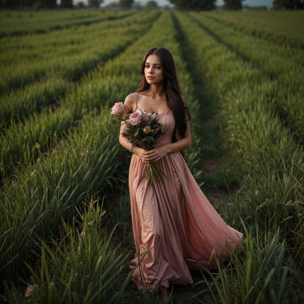 Create a woman with long hair, blackw, brown formal wear