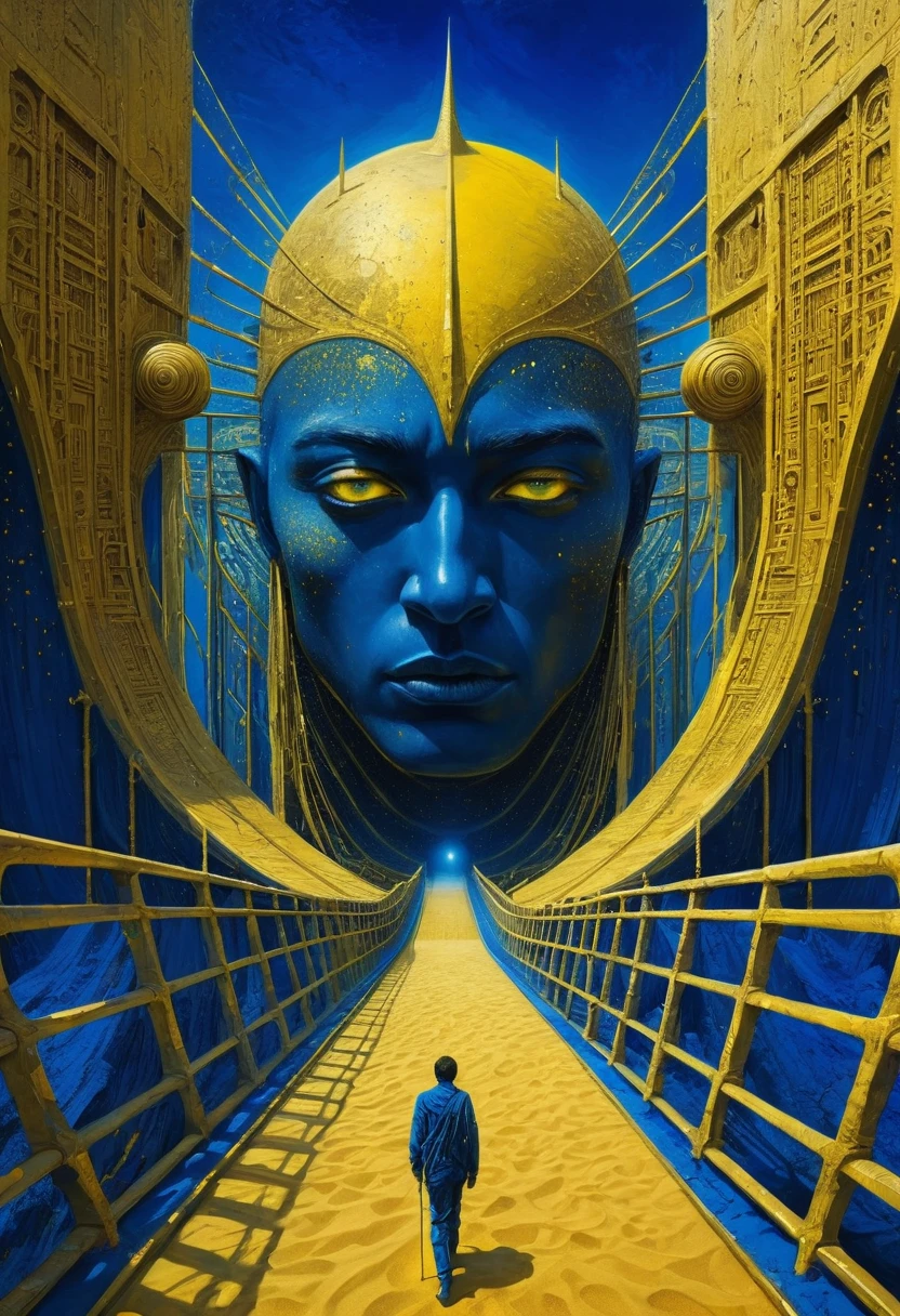 Crazy futuristic dude joining on his dream, crossing bridges and gates, new world coming into his eyes, millions of shapes, fantastic creatures on big dunes of golden yellow sand, bizarre surrealistic storytelling of multiple happenings, high relief texture like plaster, high tech ornaments, horror movie scene, dark blue and light yellow, blue and yellow, royal blue and golden yellow, 4D, 8K, photorealistic, dreamlike, big and complex composition, masterpiece, artwork by Jeremy Mann, artwork by Beksinski, artwork by Bernie Wrightson, artwork by René Magrite, Surrealism, Impressionism