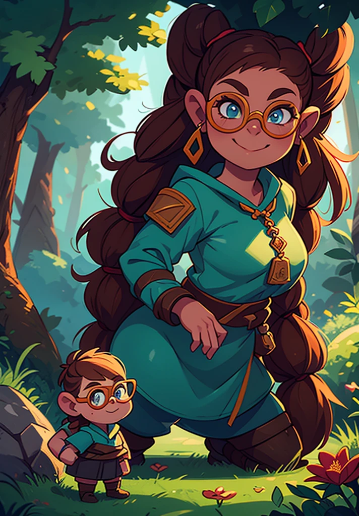 full color, nude, fantasy game world, a young dwarf researcher woman in thick dark forest, checking a flower, eyes glasses, full body, closed mouth smile,