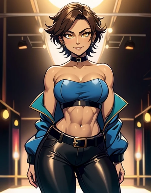 8K, (best quality, masterpiece:1.3), (detailed:1.2), 1girl, solo, 26 years old, tomboy, (shiny skin), (midriff:1.2), (tan-bronze skin), (Yellow eyes), short brown hair, medium breasts, (Cleavage), (Wearing: blue jacket, choker, Strapless black top, Belt, Black shiny leather pants), tight fitting clothing, piercings, toned, hourglass figure, athletic, snarky expression, wide smile, (agile physique:1.1), (Character Focus),Perfect Anatomy, Looking at Viewer, at a rave, nightclub background,
