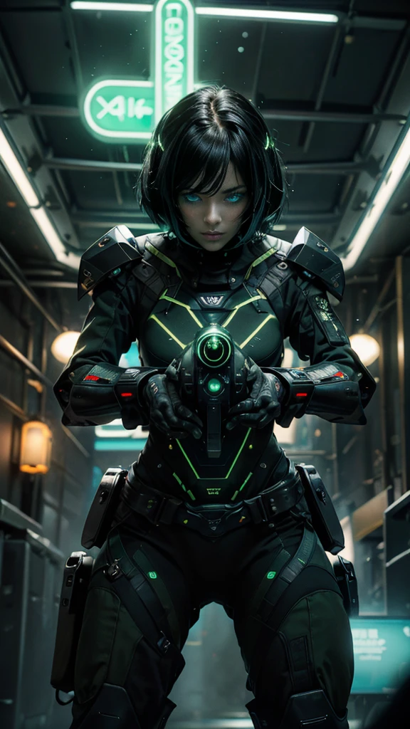 from bottom, low view shot, in the heart of a future army, a young beautiful woman with a soldier style haircut with a helmet, middle green middle black hair, sexy rebel army uniform, holding a big gun. in a military base, in an alien war, laser, guns, sensual pose, create an atmosphere of alien war, energy and neon lights. good quality eyes, cyan eyes, ultra detailed, beautiful and aesthetically pleasing, masterpiece, 4k, ray tracing, medium body, close-up, low view, particles and hard neon sparkles, focus on green and black color