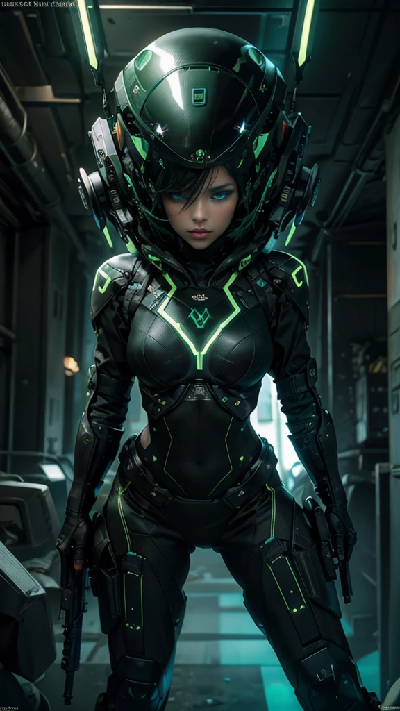 from bottom, low view shot, in the heart of a future army, a young beautiful woman with a soldier style haircut with a helmet, middle green middle black hair, sexy rebel army uniform, holding a big gun. in a military base, in an alien war, laser, guns, sensual pose, create an atmosphere of alien war, energy and neon lights. good quality eyes, cyan eyes, ultra detailed, beautiful and aesthetically pleasing, masterpiece, 4k, ray tracing, medium body, close-up, low view, particles and hard neon sparkles, focus on green and black color