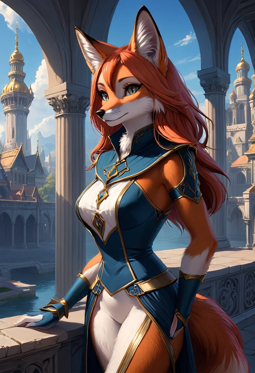 Anthropomorphic female fox queen. Official Art – Charecter profile. An Award-Winning Digital Masterpiece In 4K Ultra HD, Extreme Detail And Intricate Realism. Symmetrical Face. This Concept Art Brought To Life By The Hands Of Artists Like Wlop & Artgerm In A Stunning 2D Vector Illustration.Background Is A Panoramic Vista.