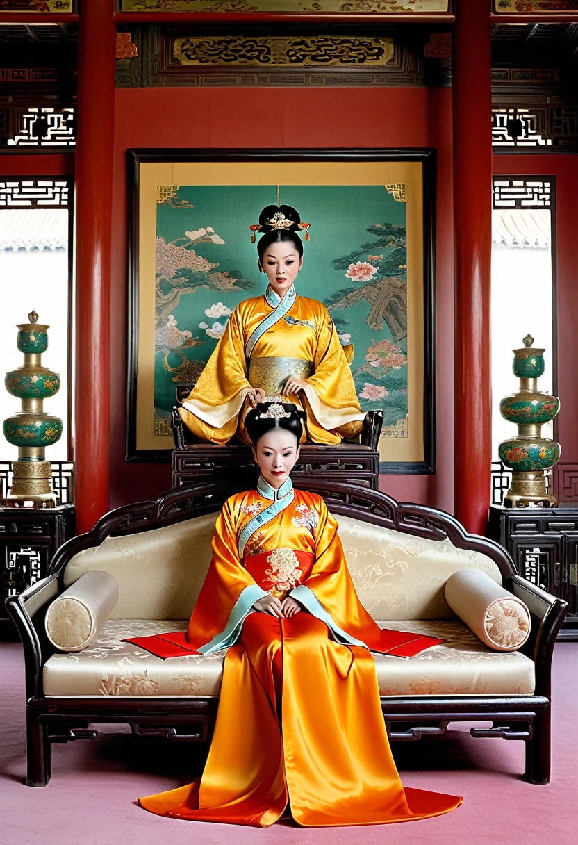 Empress of the Chinese court during the Qing Dynasty A naked and large golden Qing Dynasty Empress sitting on a sofa with her legs wide open and her knees bent to form an M pose (pornographic pose) A gorgeous Chinese Empress with her hair tied up in the palace. The background of this perverted and erotic woman is the luxurious room of the empress in a Chinese palace during the Qing Dynasty.